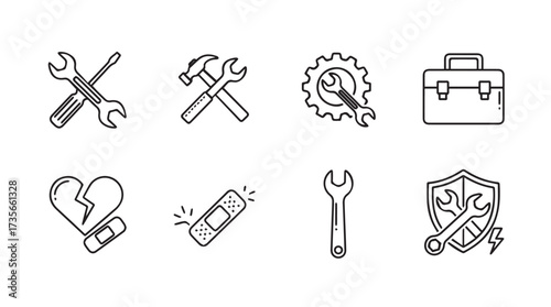 Set of hand drawn repair and maintenance icons featuring tools and fixes vector