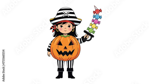 Pirate Pumpkin Halloween: A whimsical Halloween illustration featuring a playful pirate-themed pumpkin character holding a candy sword.