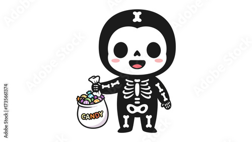 Sweet Skeletal Delight: A cartoon skeleton, clad in a whimsical costume, cheerfully clutches a bag overflowing with candy, embodying the spirited essence of Halloween.