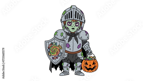 Halloween Knight: A charming illustration of a zombie knight, garbed in tattered armor and carrying a pumpkin bucket and shield.