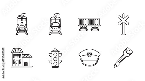 Collection of railway themed icons including trains station traffic light hat and crossing sign vector