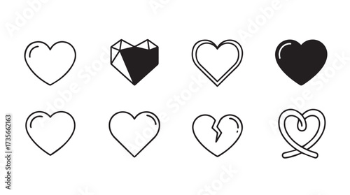 Diverse heart shapes collection set offering various artistic styles and solid black fill vector