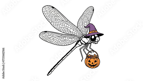 Halloween Dragonfly: A whimsical Halloween illustration featuring a dragonfly adorned with a witch's hat, clutching a carved pumpkin, embodying the playful spirit of the spooky season.