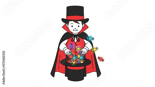 Magician's Magical Show: A captivating illustration of a magician performing a classic trick with a top hat, filled with a cascade of vibrant candy, all done against a playful.
