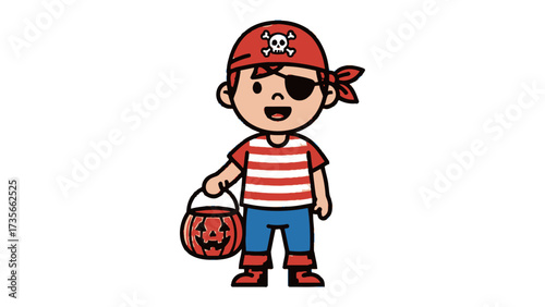 Avast Ye, Pirate's Bounty: A delightful illustration of a young pirate, donned in classic attire, gleefully clutching a Halloween trick-or-treat pail, ready for adventure and a night of spooky fun!