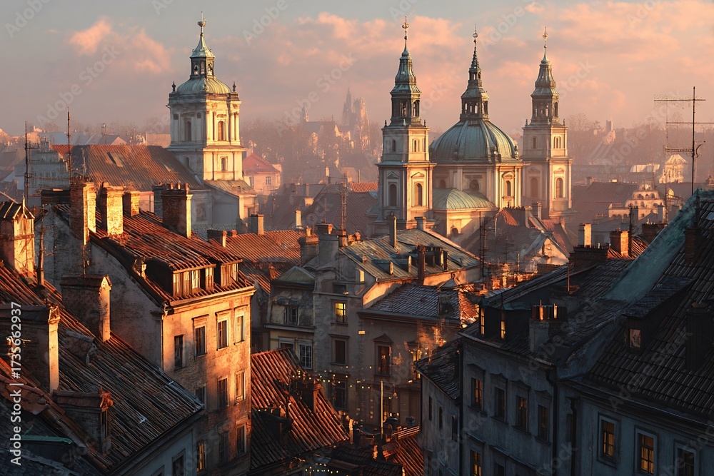 Obraz premium Stunning european cityscape at golden hour featuring charming rooftops and a clock tower
