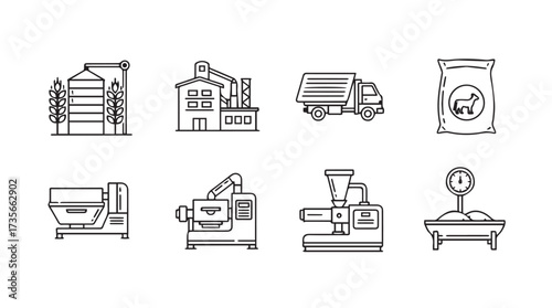 Industrial agriculture icons depicting grain processing manufacturing and transportation processes vector