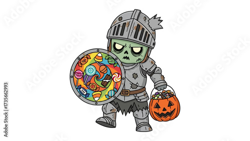 Brave Knight Zombie with candy bag and shield: A valiant knight, now zombified, stands strong holding a shield and a candy-filled pumpkin bucket ready to give everyone candies during Halloween.