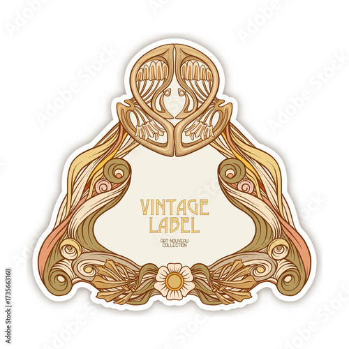 Decorative flowers and leaves in art nouveau style, vintage, old, retro style. Border, frame, template for product label, cosmetic packaging. Easy to edit. Vector illustration.