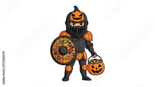 Pumpkin Knight's Halloween Haul: A charming depiction of a pumpkin-headed knight, adorned in detailed armor, triumphantly bearing a candy-filled basket. Capturing the spirit of Halloween fun.