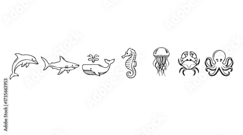 Collection of marine wildlife sketches dolphin shark whale seahorse crab jellyfish octopus hand drawn vector
