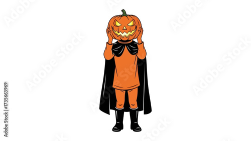 The Halloween Pumpkin Head: A quirky depiction of a person in an pumpkin costume, set against a pristine backdrop. The image evokes feelings of playfulness, eerie delight.