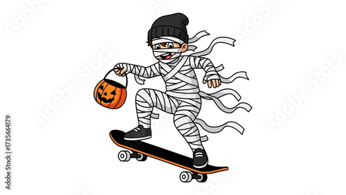 Mummy Skateboarder: An illustrated image of a mummy skateboarder, balancing his candy pumpkin on a Halloween night, with a dynamic and festive appeal.