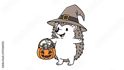Happy Hedgehog's Halloween: A cheerful hedgehog dons a pointy hat and carries a Jack o' lantern, spreading Halloween cheer.