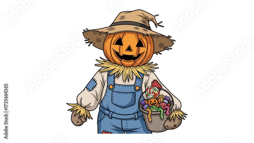 Festive Scarecrow with Pumpkin Head: An adorable scarecrow with a carved pumpkin head and a straw hat, carries a bucket filled with treats.