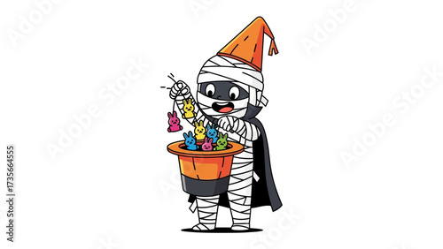 Whimsical Halloween Treat Collector: A cute, cartoonish mummy figure, wrapped in bandages and adorned with a witch hat, happily fishes for colorful candy from a festive container.