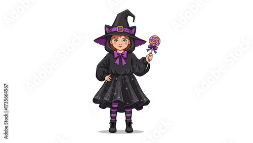 Little Witch with Lollipop: A charming cartoon illustration of a child dressed in a whimsical witch costume, complete with a pointed hat and a sweet lollipop in hand.