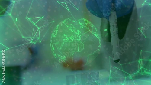 Scientist holding labeled test tube animating globe overlay rotating continents showing lab data