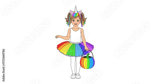 Magical Unicorn Girl: A young girl dressed in a whimsical unicorn costume, complete with a colorful rainbow tutu, sparkling horn, and joyful expression, creating a scene of fantasy and imagination.