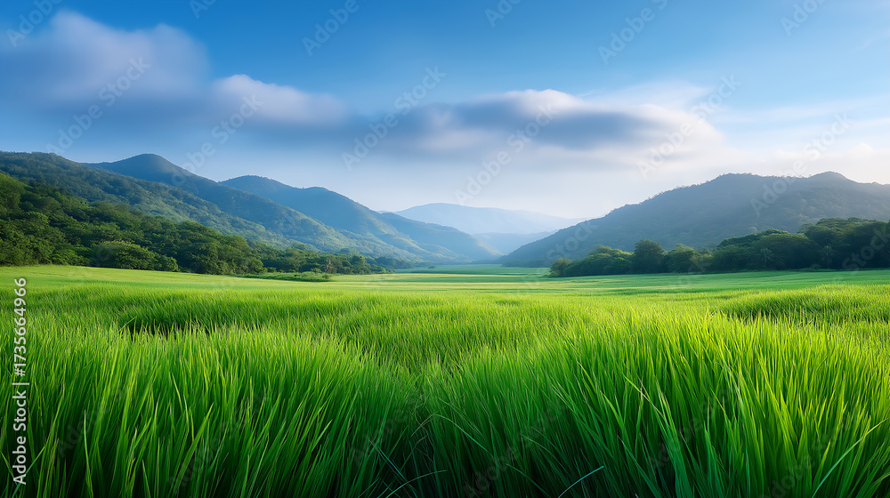 Fototapeta premium Green hills and grass field with sunlight.