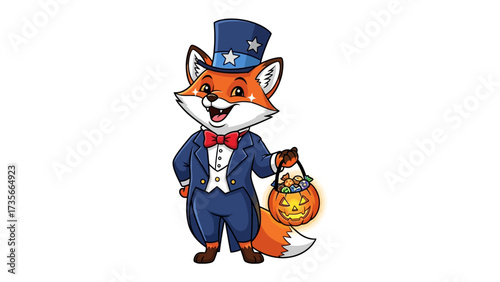 Fox Mascot in Patriotic Outfit: A cartoon fox, donned in a patriotic outfit, smiles with glee as it carries a pumpkin-shaped jack-o'-lantern, blending national pride with Halloween spirit. 