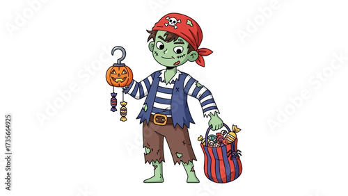 Spooky Pirate at Halloween: A mischievous pirate, donned in a striped shirt and vibrant red bandana, embraces the spooky fun of Halloween, clutching a trick-or-treat bag.
