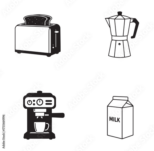 Simple black and white illustrated icons of breakfast items and coffee brewing equipment