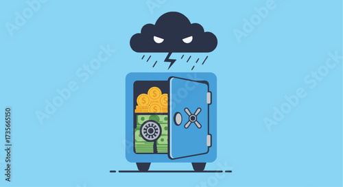 Financial Risks Illustrated A Safe Box Under a Stormy Cloud Symbolizing Economic Uncertainty