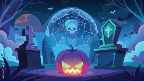 Vector illustration of a Halloween background with eerie elements like ghosts, bats, and a haunted house silhouette..eps