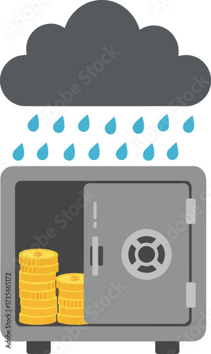 Concept of financial security and protection against unexpected events like bad weather or economic downturns represented by a safe filled with gold coins under a raining cloud