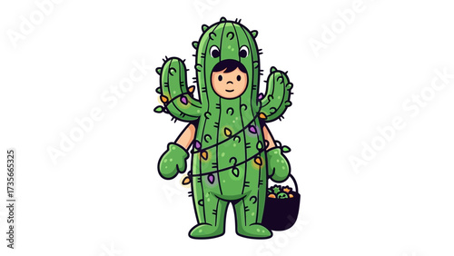 Cactus Costume: A cheerful figure wears a unique, handmade cactus costume with festive lights and a trick-or-treat basket, ready to embark on an evening of Halloween fun and excitement.