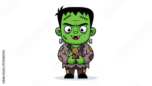 Frankenstein Monster with Candy: A friendly Frankenstein monster is ready to celebrate Halloween with an array of candies in hand, smiling to welcome the spooky season. 