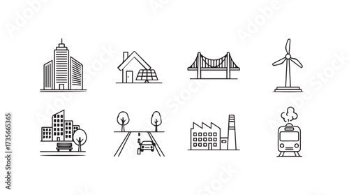 Hand drawn sketches of eco friendly city buildings nature and energy solutions icons set vector
