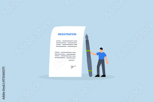 Company registration service, entrepreneur grasping pen victory indication corporate paperwork with seal