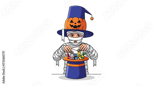 Halloween Magic: A whimsical illustration of a child, dressed as a mummy, wearing a pumpkin-topped hat. The hat cradles treats, invoking the spirit of the festive season. 