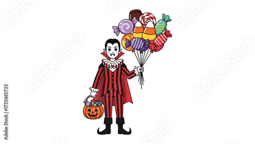Halloween Treats: A charming cartoon vampire, a visual treat, joyfully holds a colorful bouquet of sweets and a pumpkin basket, perfect for your Halloween collection.