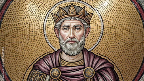 Intricate mosaic portrait of noble Byzantine emperor with majestic crown and halo, perfect for historical timelines, ancient cultures, and religious themes