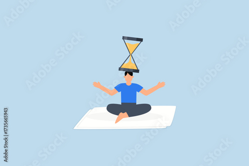 Patience time, calm woman seated with an hourglass on her head cultivating patience