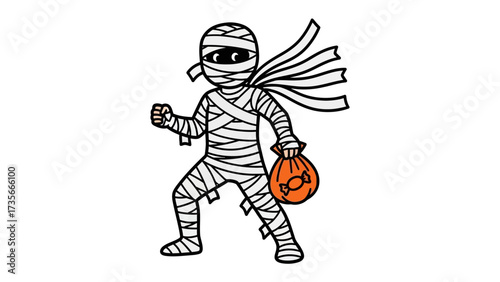 Halloween Mummy with Treat Bag: A lively illustration of a playful mummy, wrapped in bandages, clutches a pumpkin treat bag, ready for Halloween festivities. A whimsical and spooky design.
