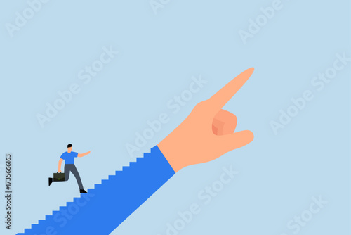Success step, businessman ascends stairway while leader gestures with hand