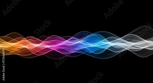 Colorful abstract wave pattern with rainbow gradient on a black background, representing sound or data flow