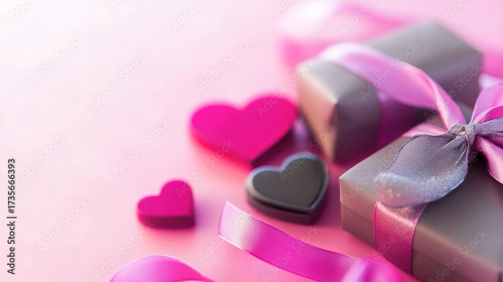 A beautifully wrapped gift box with a pink ribbon and two small hearts, perfect for romantic occasions or as a token of love