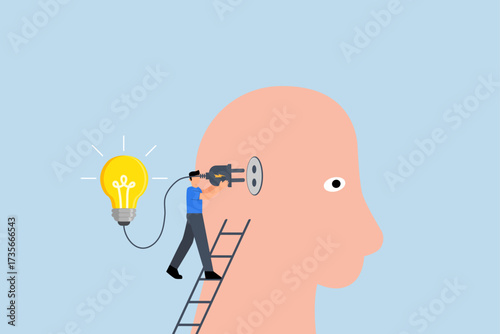 Creativity and idea thinking, clever entrepreneur ascends the steps to connect an innovative lightbulb to his mind