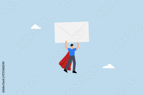 Email communication, entrepreneur superhero transporting large email envelope soaring to delivery location