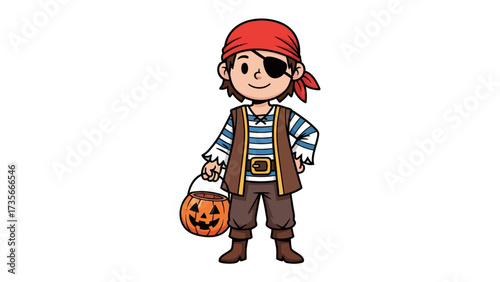 Young Pirate's Halloween Delight: A spirited illustration of a young child dressed as a pirate, beaming with excitement, holding a jack-o'-lantern for Halloween fun.