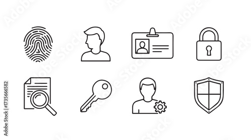 Set of digital security and personal identification icons fingerprint id badge key lock shield magnifying glass vector