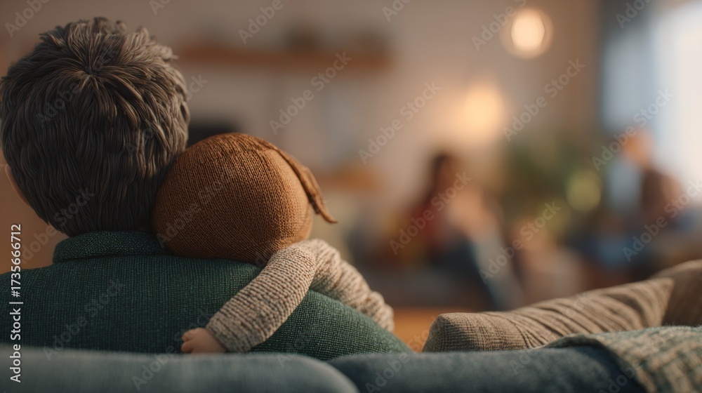 Obraz premium A serene moment of a man with gray hair holding a knitted doll, exuding warmth in a cozy living room setting.