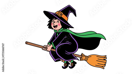 Witch on a broom: An illustration of a cheerful witch flying through the air on a broom, evoking a sense of fantasy and the spirit of Halloween.