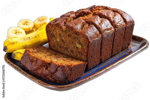 Banana bread loaf, sliced, with whole & sliced bananas on a blue plate
