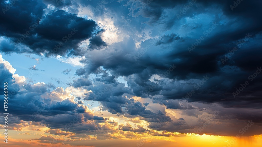 Fototapeta premium Dramatic Sky At Sunset With Dark Clouds And Golden Sunlight At Low Angle View